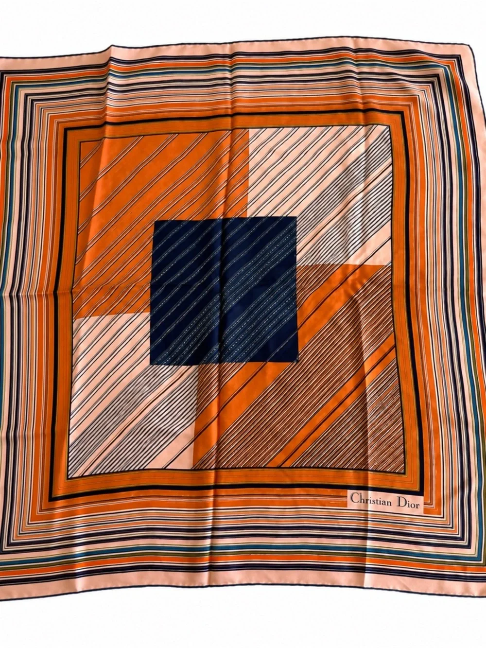 CHRISTIAN DIOR Square silk scarf orange, blue and white stripes graphic print
